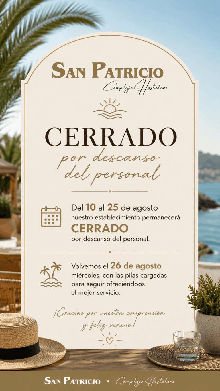 cartel vacaciones del 10 al 25 agosto